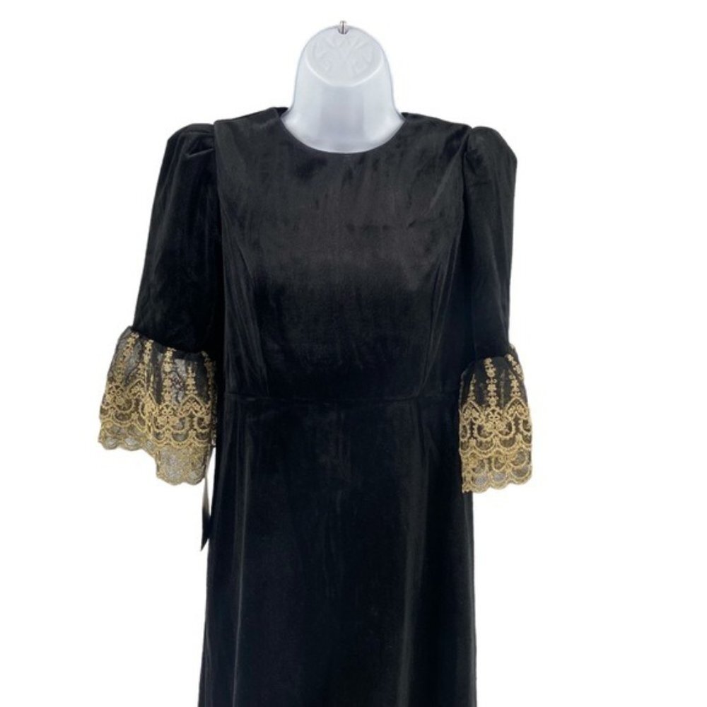 NEW Pomander Place Black Velvet Lillith Gold Embroidered Lace Maxi Dress Size M - Picture 6 of 14